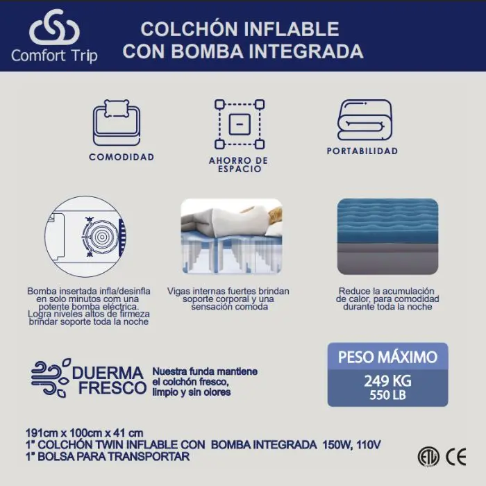 Colchón Inflable Individual Comfort Trip 150W110V AzulGris FM-TWIN-AIR (4).webp