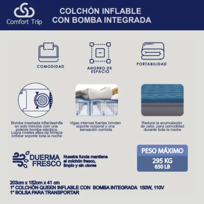 Colchón Inflable Queen Comfort Trip 150W110V AzulGris FM-QUEEN-AIR (4).webp