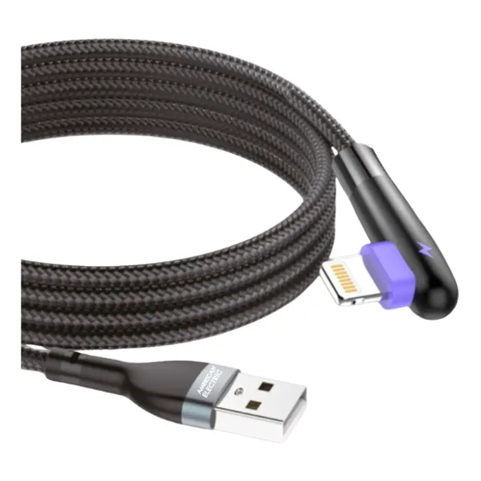 Cable USB-A a Lightning American Electric 2mts 90° Carga Rápida Negro JF-LS562-L