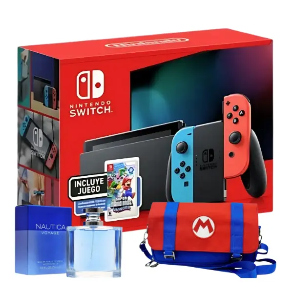 Combo Consola Nintendo Switch V2 Neon - Super Mario Bros Wonder Bundle + Bolso Viajero Nintendo Switch Super Mario Bros. Rojo/Azul