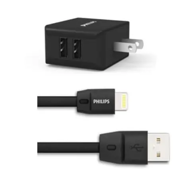 PHILIPS COMBO CARGADOR 2 USB Y CABLE LIGHTNING DLP2506L DLP2506L