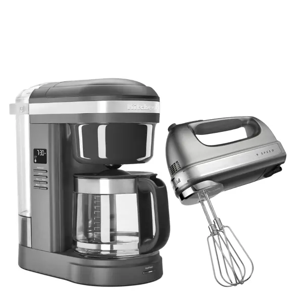 Combo COFFEE MAKER KCM1208DG 12-TZ GRIS OSCURO JARRA VIDRIO + Batidora KitchenAid Mano Plata KHM926CU 9V