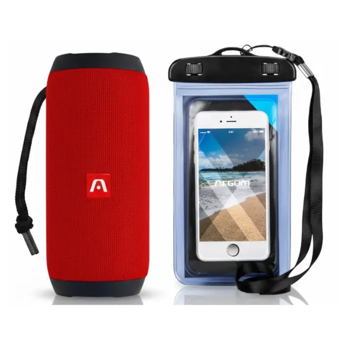 Combo Parlante Argom DrumBeats Inalámbrico ARG-SP-3017RD + Estuche Impermeable para Celular Argom Transparente ARG-AC-0451BL