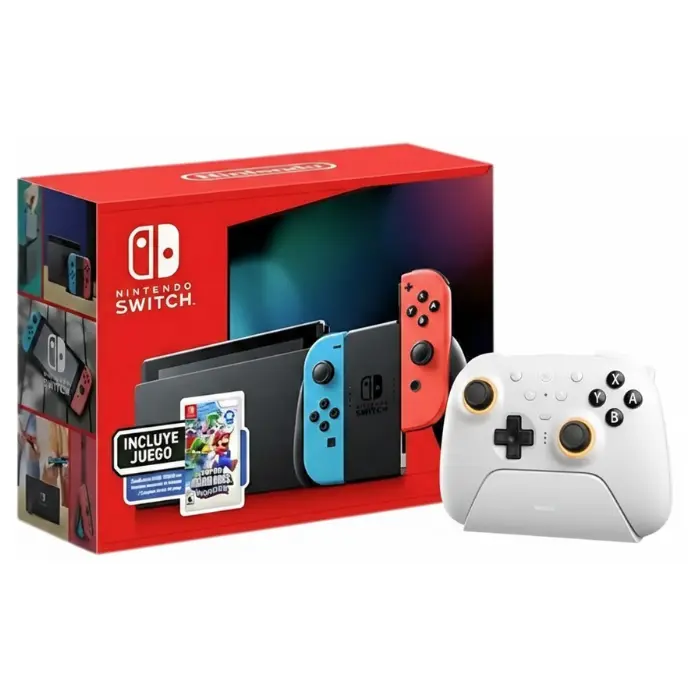 Combo Consola Nintendo Switch V2 Neon - Super Mario Bros Wonder Bundle + Control 8BitDo Ultimate 2 Bluetooth Nintendo Switch / PC Blanco 80ND02