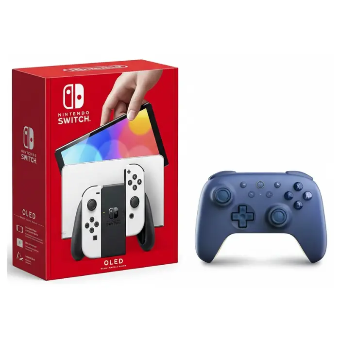 Combo Consola Nintendo Switch OLED 64GB Blanco - Super Mario Bros. Wonder Bundle + Control 8BitDo Ultimate 2C Bluetooth Nintendo Switch Azul Oscuro 80NC03