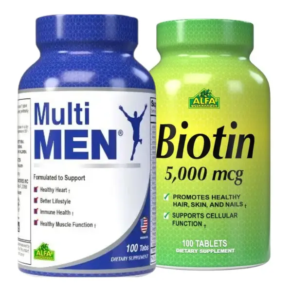 Combo Suplemento Multivitamínico Alfa Vitamins Multi Men 100 Tabletas 133-A + Suplemento Dietético Alfa Vitamins Biotin 5000mcg 100 Tabletas 77-A