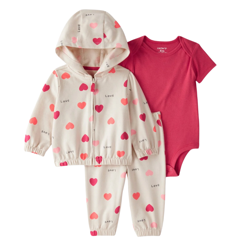 Conjunto 3 Piezas con Chaqueta y Estampado de Corazones