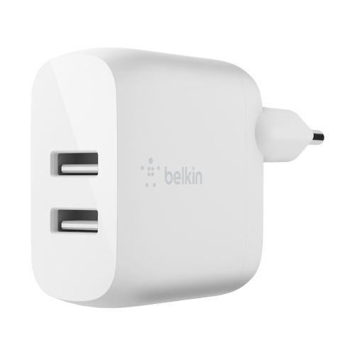 Cargador de Pared Doble Belkin USB-A de 24W + Cable Lightning a USB-A Blanco WCD001dq1MWH
