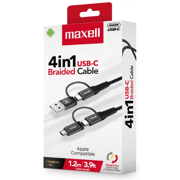 Cable Maxell BC41-1.2M Multi 4en1 Micro USB/Lightning/USB-C Negro 348646
