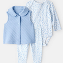 Conjunto 3 piezas chaleco azul, body floral y pantalón