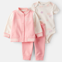 Conjunto 3 piezas jacket rosado, body estampado y pantalón