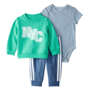 Conjunto 3 piezas suéter verde, body rayado y pantalón